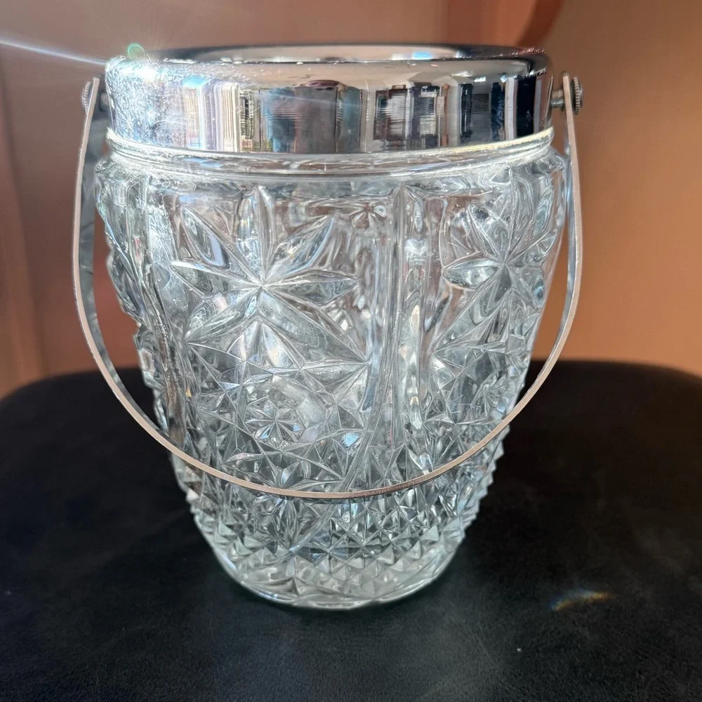 Small Vintage French Crystal Ice Bucket with Silver Handle